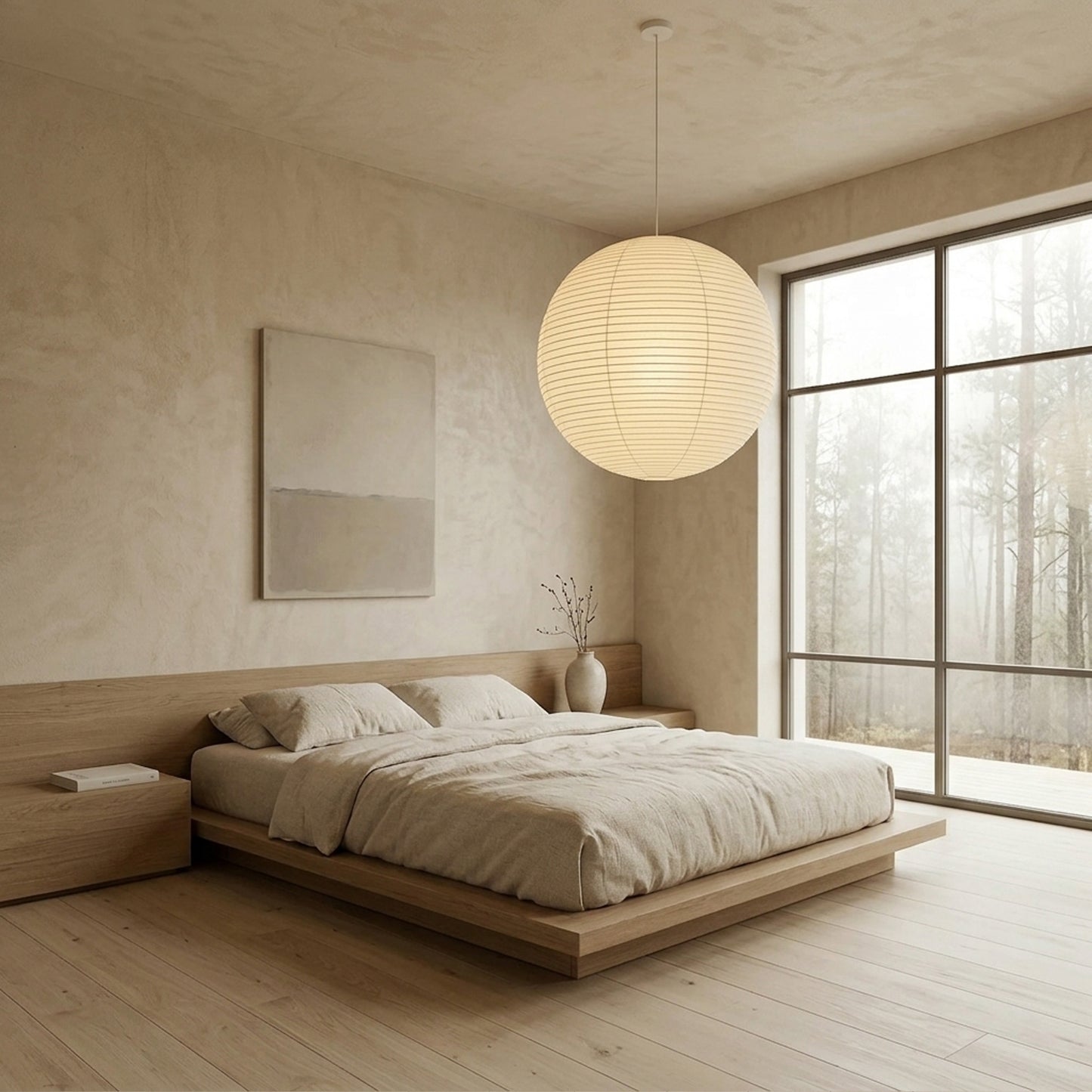 Large Washi paper sphere pendant light hanging in a minimalist Japandi style bedroom with warm light.