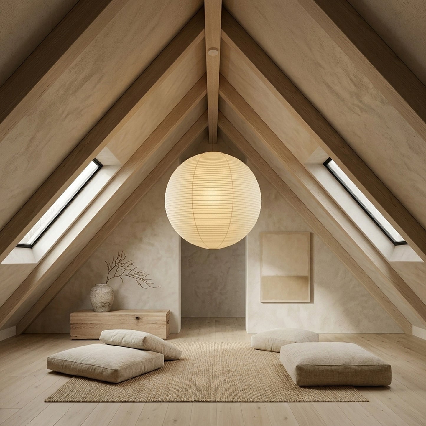 Large Washi paper sphere pendant light hanging in a minimalist Japandi style bedroom with warm light.
