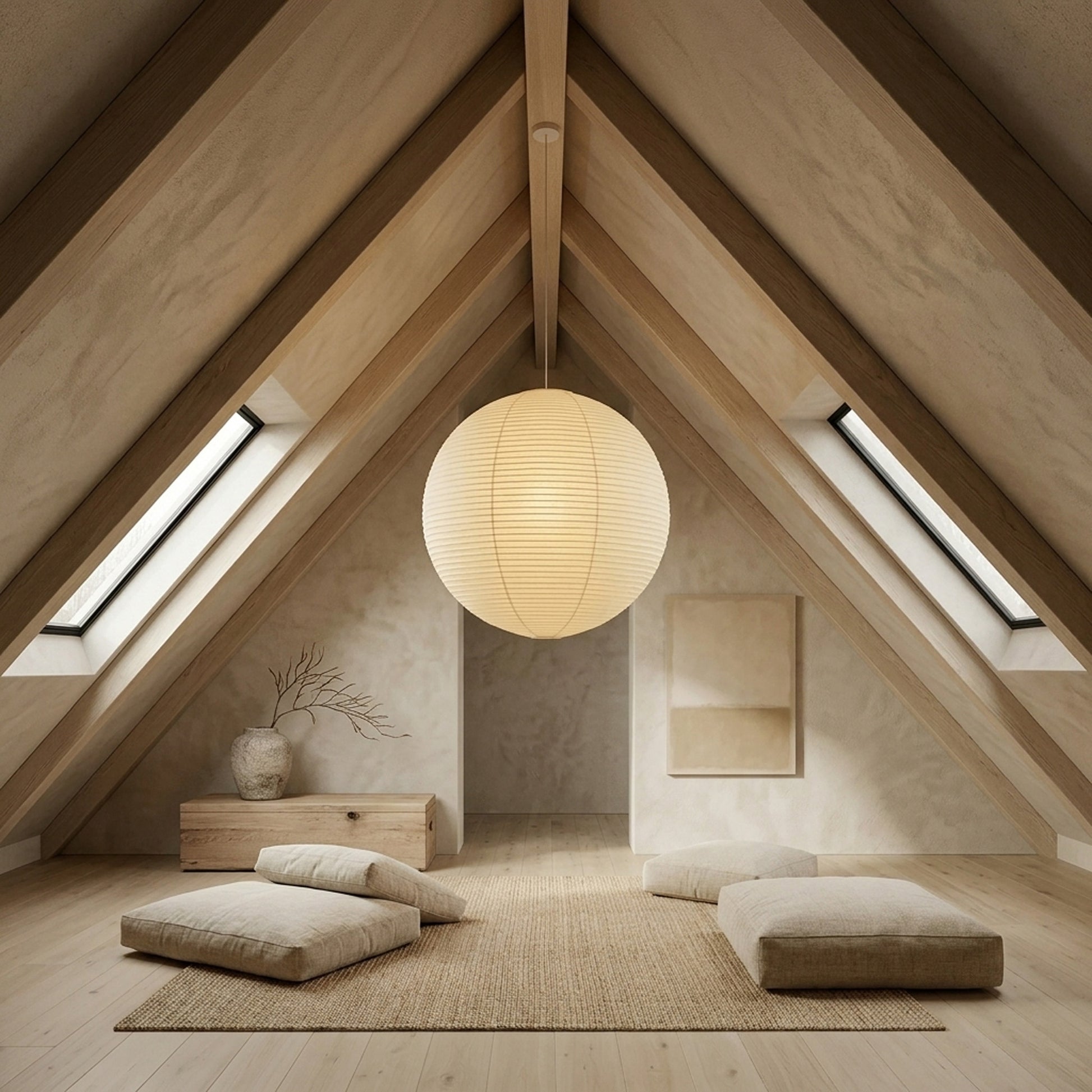 Large Washi paper sphere pendant light hanging in a minimalist Japandi style bedroom with warm light.