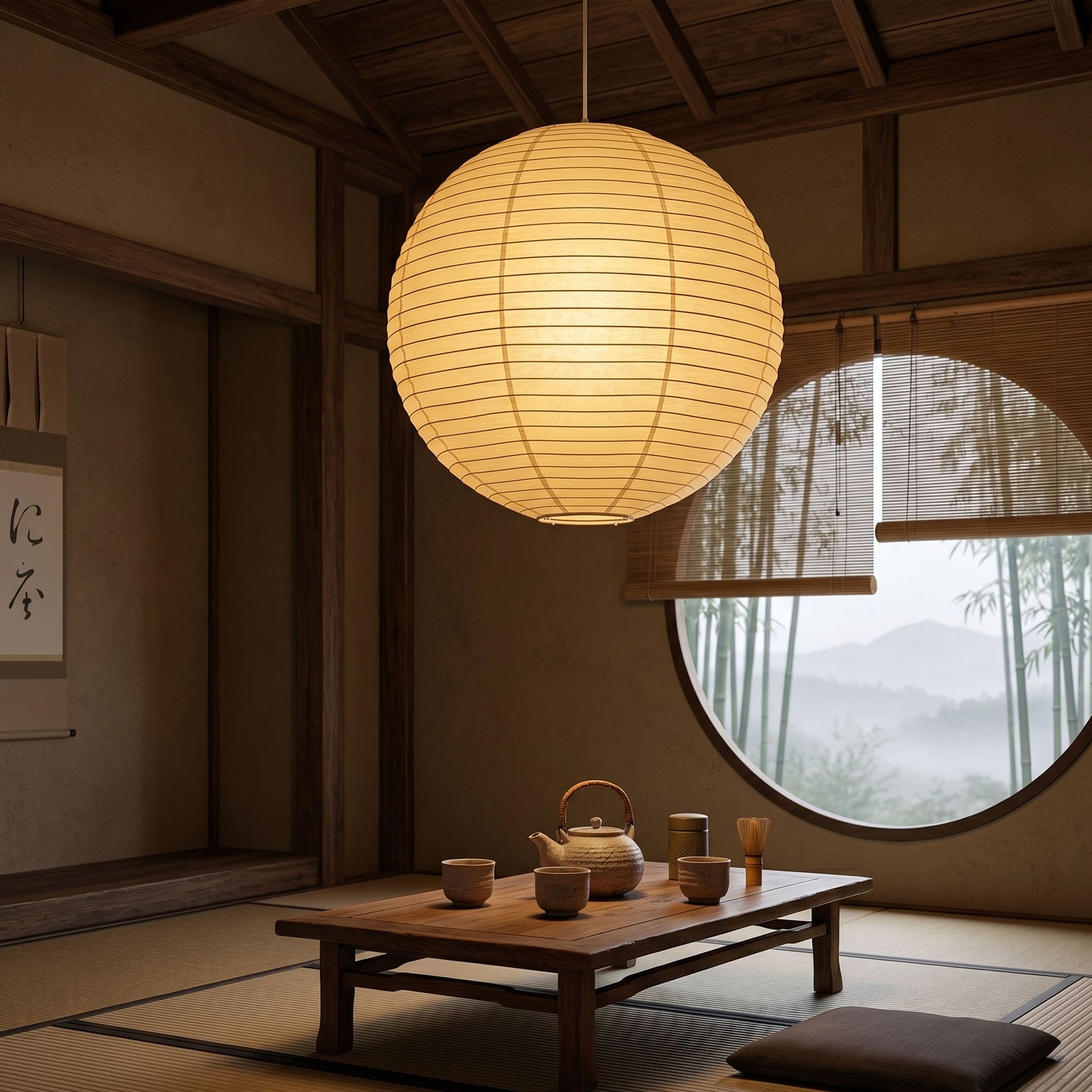 Large Washi paper sphere pendant light hanging in a minimalist Japandi style bedroom with warm light.