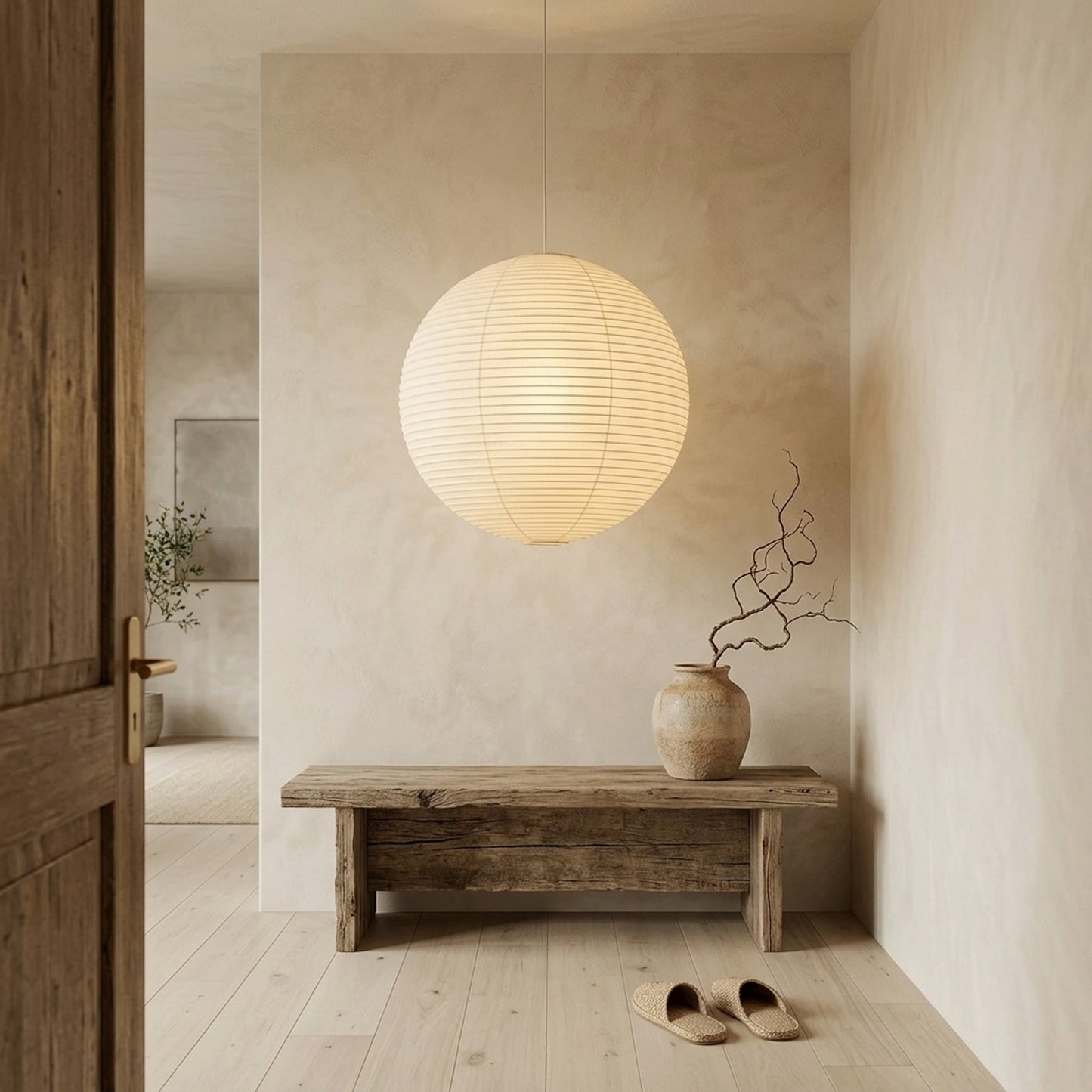 Large Washi paper sphere pendant light hanging in a minimalist Japandi style bedroom with warm light.