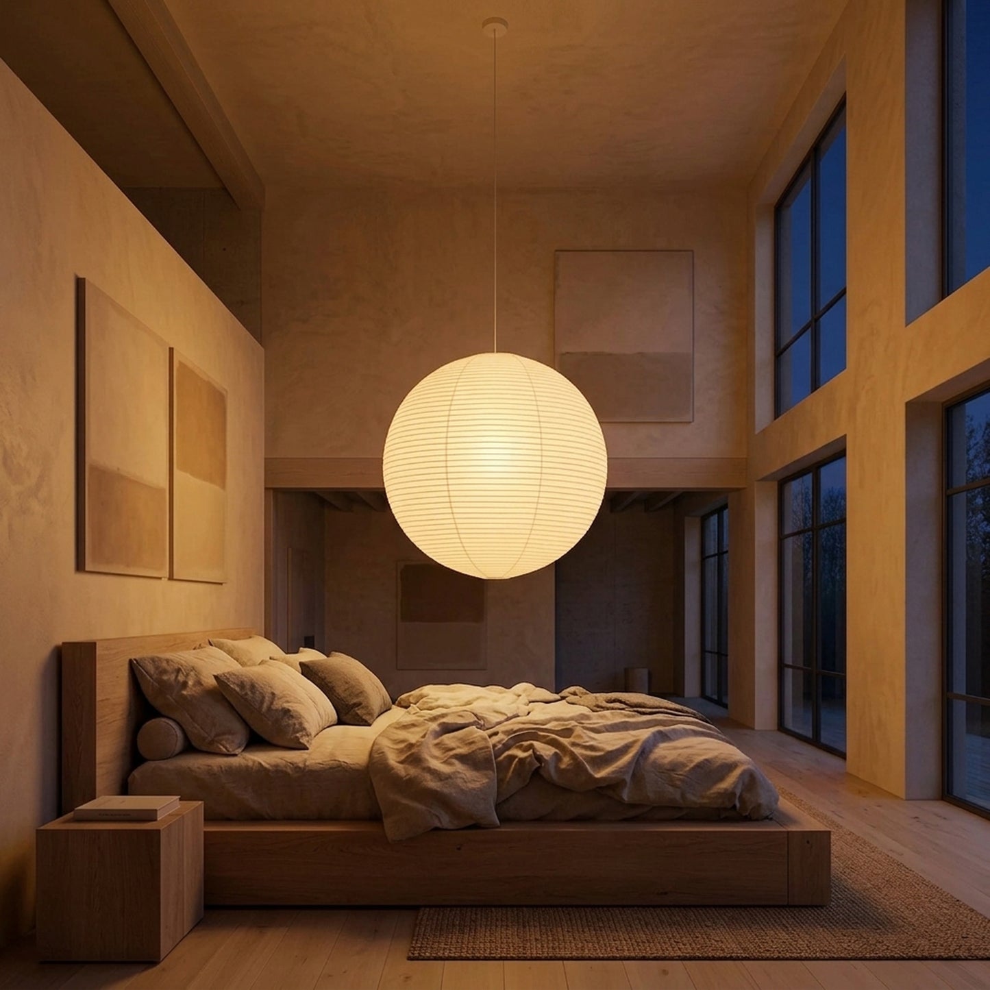 Large Washi paper sphere pendant light hanging in a minimalist Japandi style bedroom with warm light.