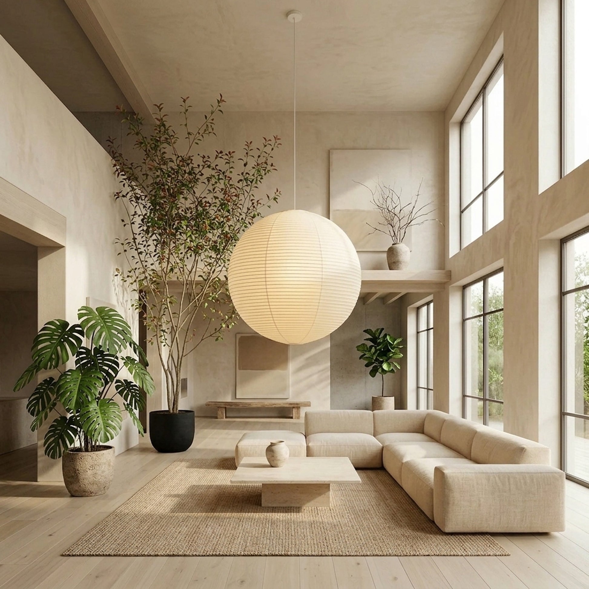 Large Washi paper sphere pendant light hanging in a minimalist Japandi style bedroom with warm light.