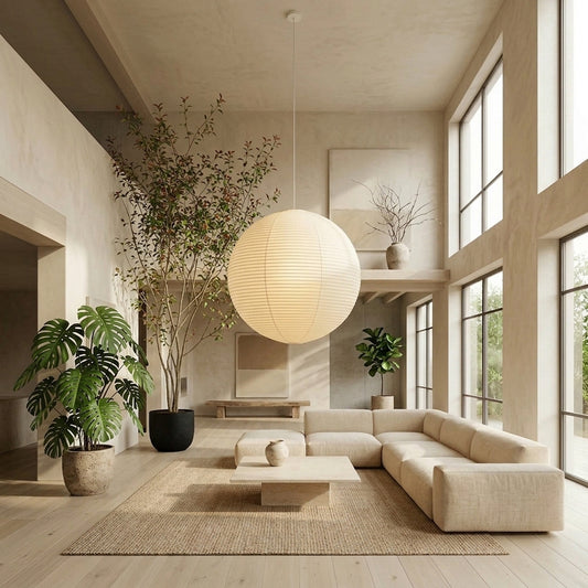 Large Washi paper sphere pendant light hanging in a minimalist Japandi style bedroom with warm light.