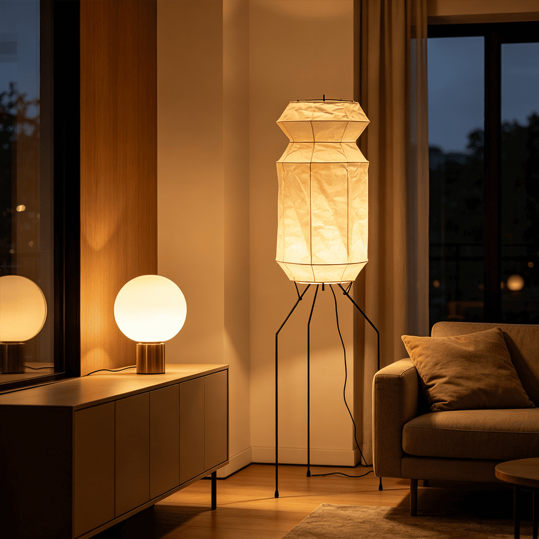 Stuberlighting UF3-L6 handmade Washi paper floor lamp with three-legged metal stand in a minimalist Japandi living room.