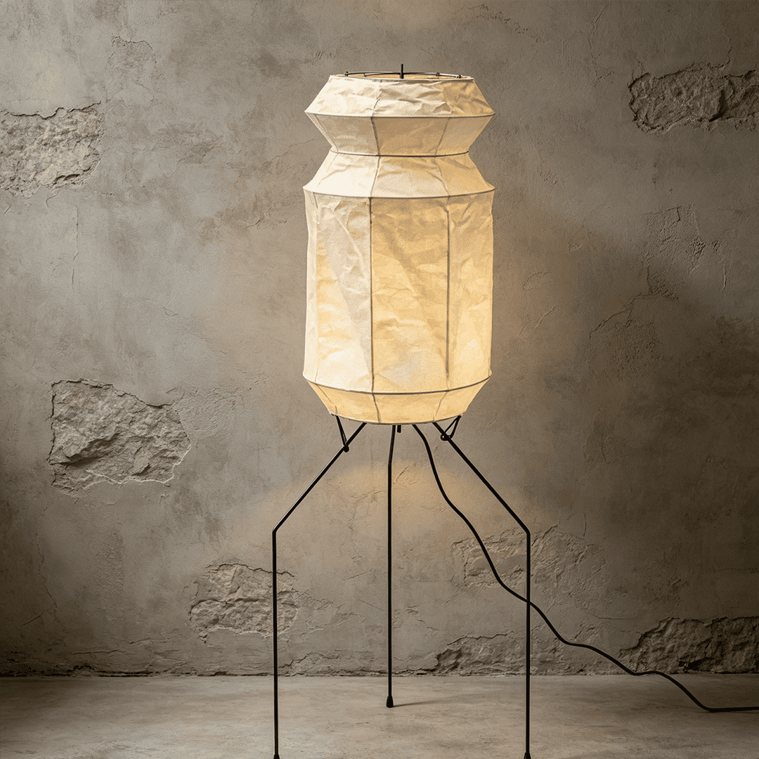 Stuberlighting UF3-L6 handmade Washi paper floor lamp with three-legged metal stand in a minimalist Japandi living room.