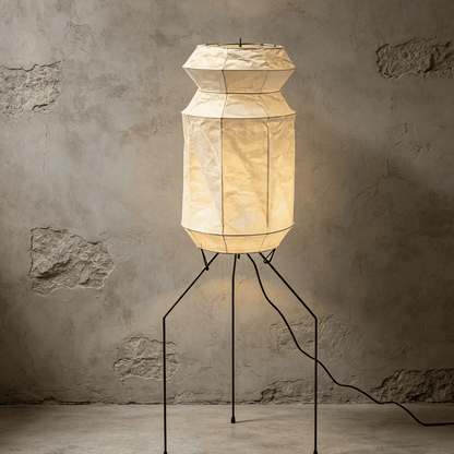 Stuberlighting UF3-L6 handmade Washi paper floor lamp with three-legged metal stand in a minimalist Japandi living room.