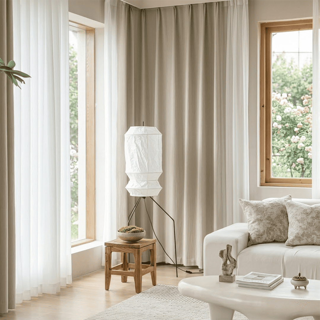 Stuberlighting UF3-L6 handmade Washi paper floor lamp with three-legged metal stand in a minimalist Japandi living room.