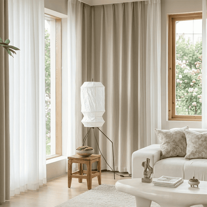Stuberlighting UF3-L6 handmade Washi paper floor lamp with three-legged metal stand in a minimalist Japandi living room.