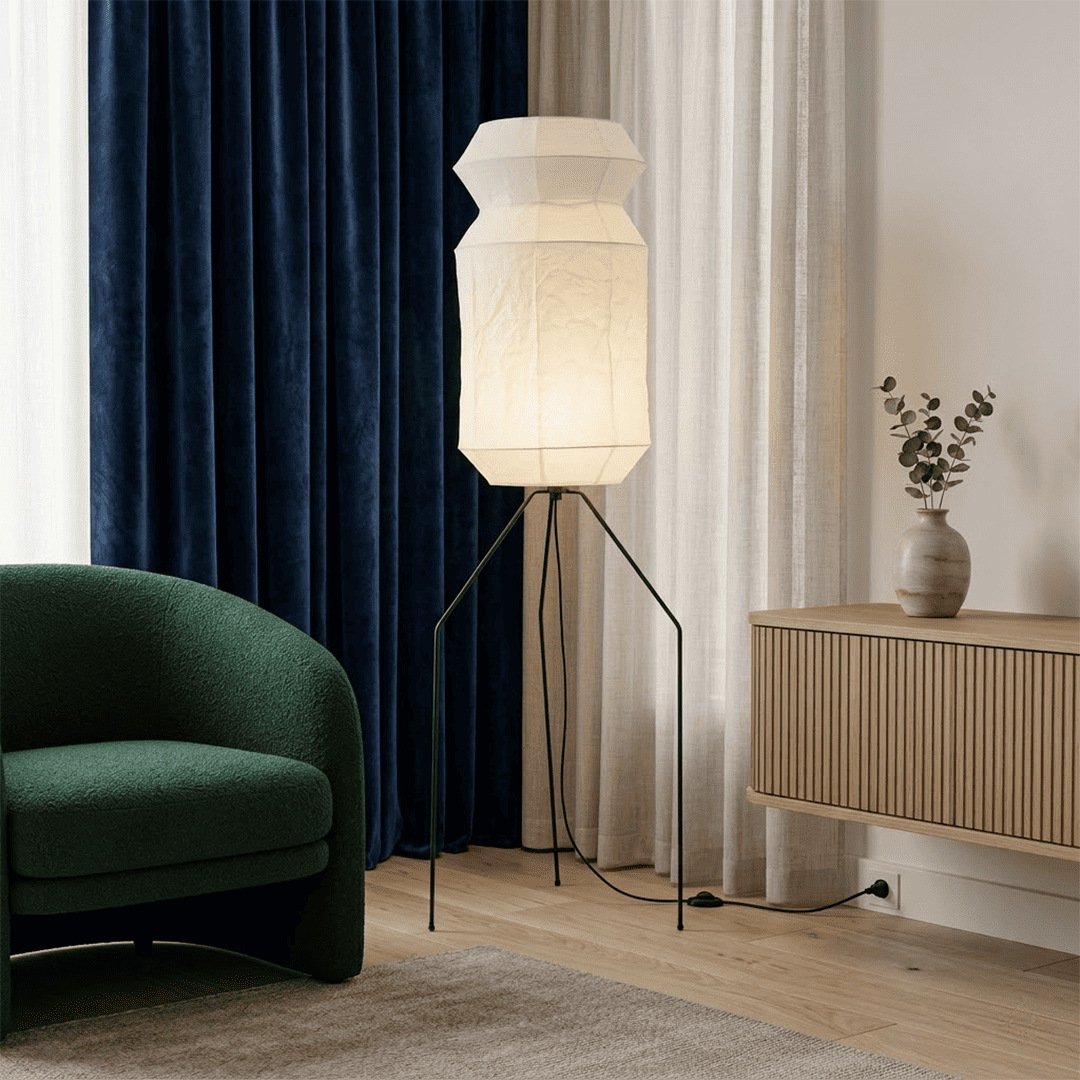 Stuberlighting UF3-L6 handmade Washi paper floor lamp with three-legged metal stand in a minimalist Japandi living room.