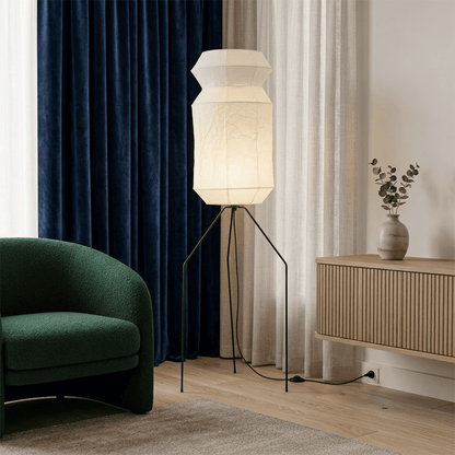Stuberlighting UF3-L6 handmade Washi paper floor lamp with three-legged metal stand in a minimalist Japandi living room.
