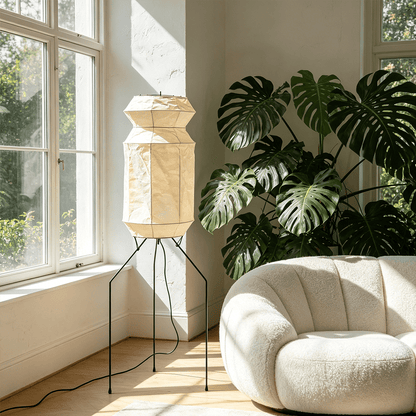 Stuberlighting UF3-L6 handmade Washi paper floor lamp with three-legged metal stand in a minimalist Japandi living room.