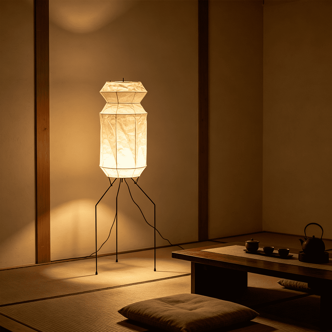 Stuberlighting UF3-L6 handmade Washi paper floor lamp with three-legged metal stand in a minimalist Japandi living room.