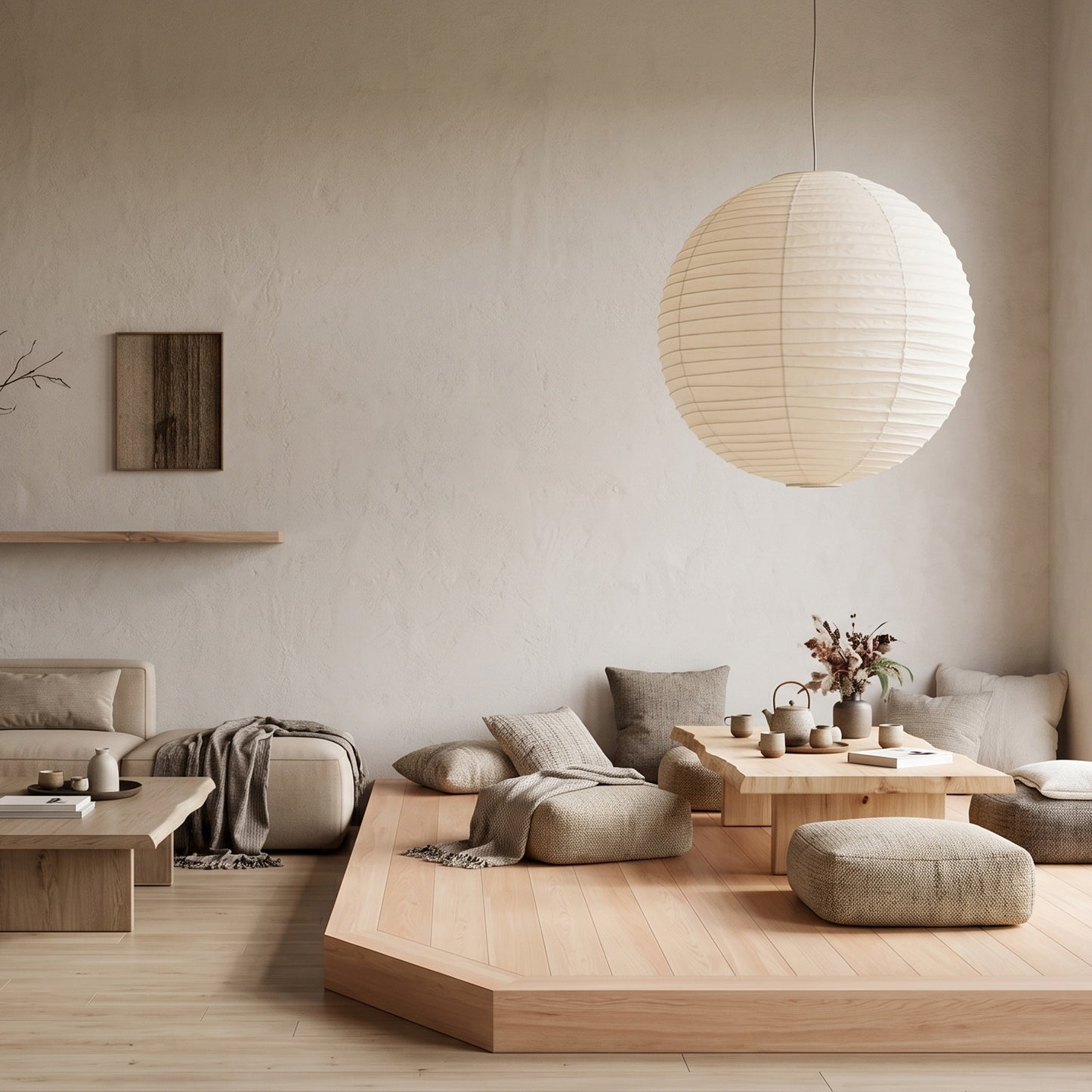 Large Washi paper sphere pendant light hanging in a minimalist Japandi style bedroom with warm light.