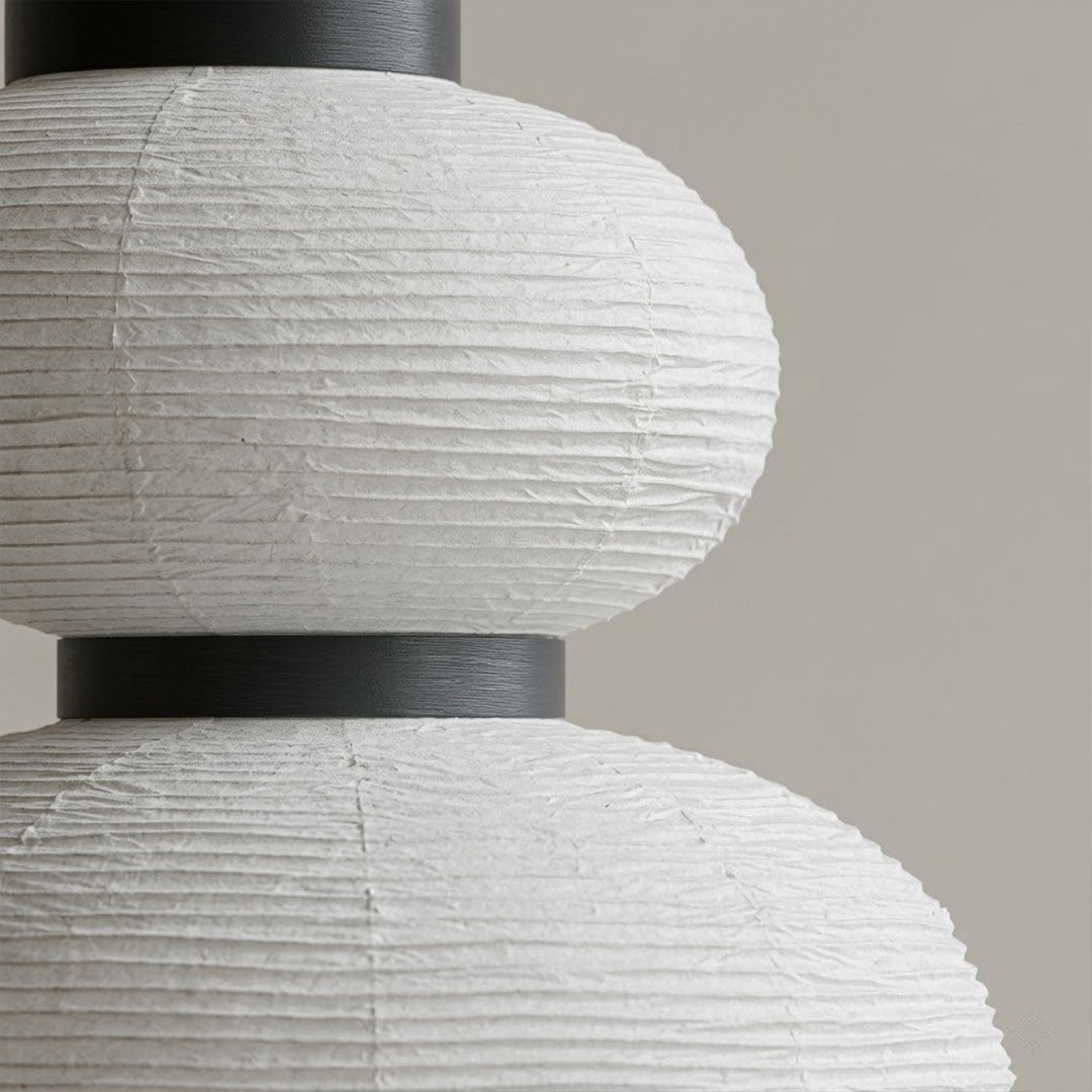 Stuberlighting Washi Paper Lantern Pendant Lamp, Tiered Zen Shape with Black Oak Rings, Japandi Style