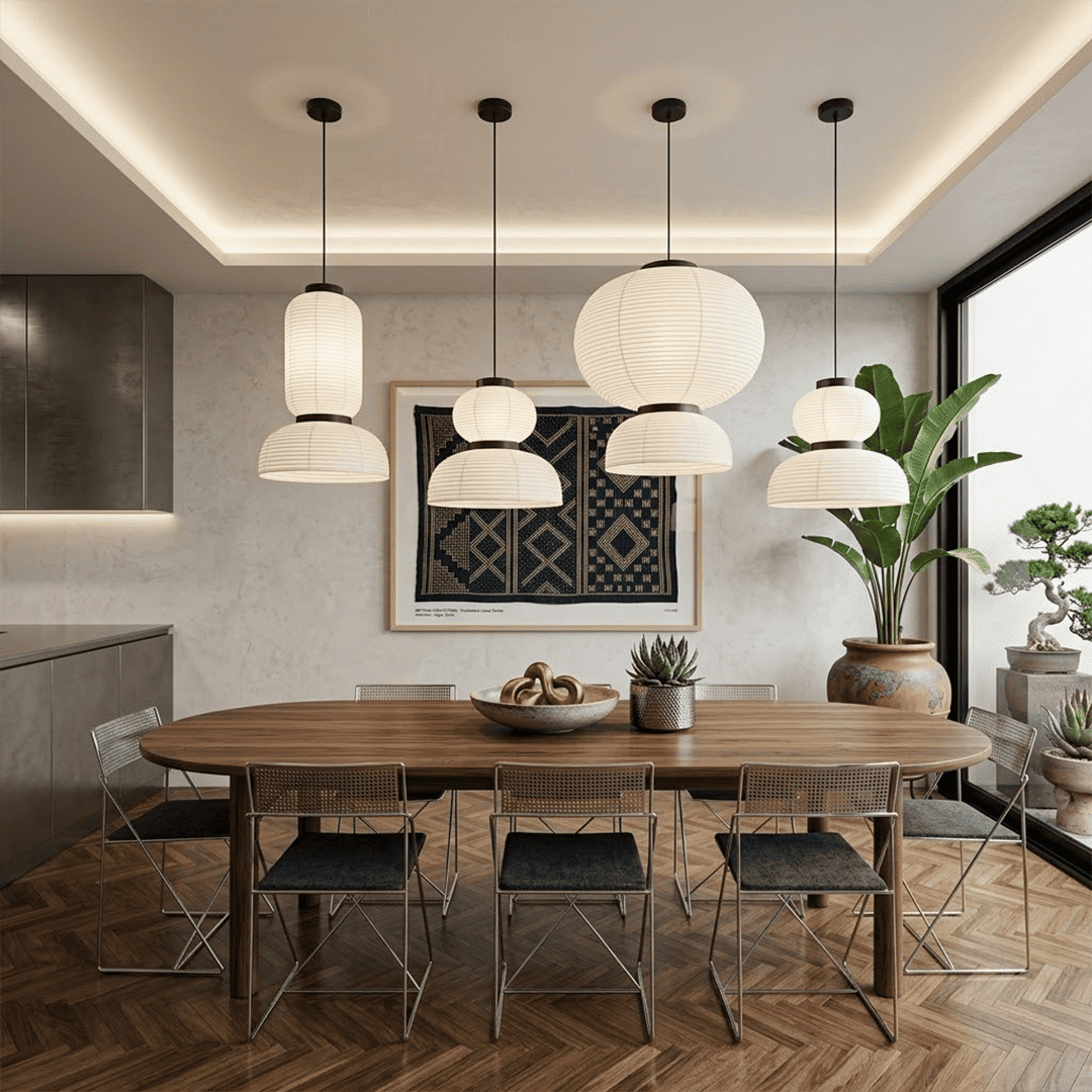 Stuberlighting Washi Paper Lantern Pendant Lamp, Tiered Zen Shape with Black Oak Rings, Japandi Style