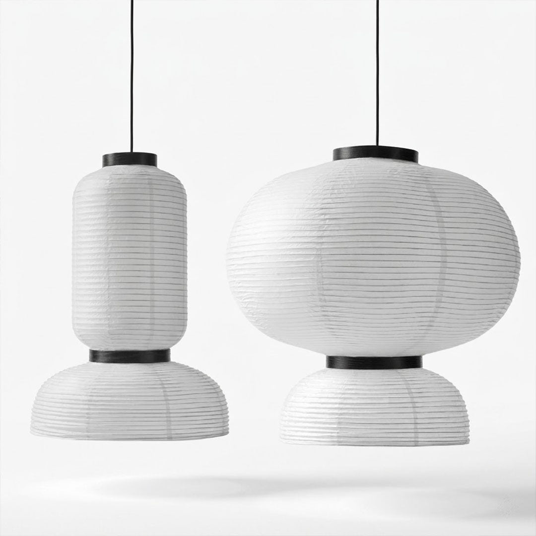 Stuberlighting Washi Paper Lantern Pendant Lamp, Tiered Zen Shape with Black Oak Rings, Japandi Style