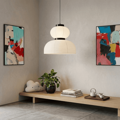 Stuberlighting Washi Paper Lantern Pendant Lamp, Tiered Zen Shape with Black Oak Rings, Japandi Style