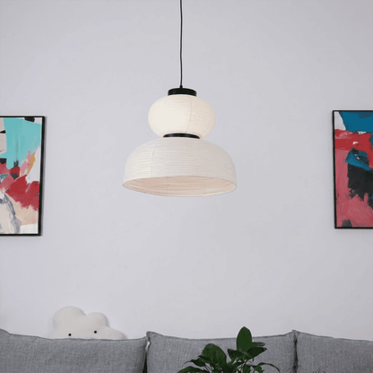 Stuberlighting Washi Paper Lantern Pendant Lamp, Tiered Zen Shape with Black Oak Rings, Japandi Style