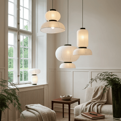 Stuberlighting Washi Paper Lantern Pendant Lamp, Tiered Zen Shape with Black Oak Rings, Japandi Style