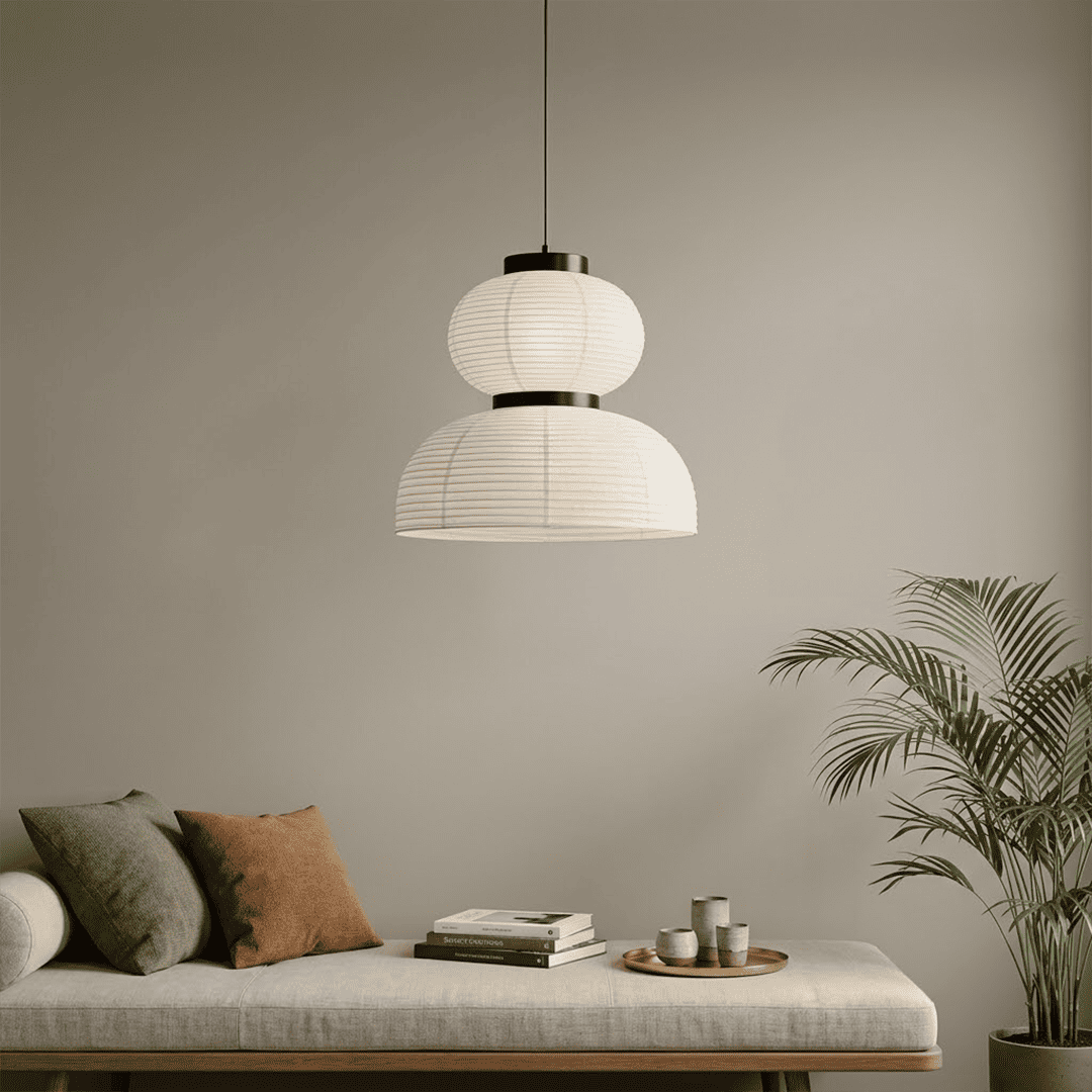Stuberlighting Washi Paper Lantern Pendant Lamp, Tiered Zen Shape with Black Oak Rings, Japandi Style