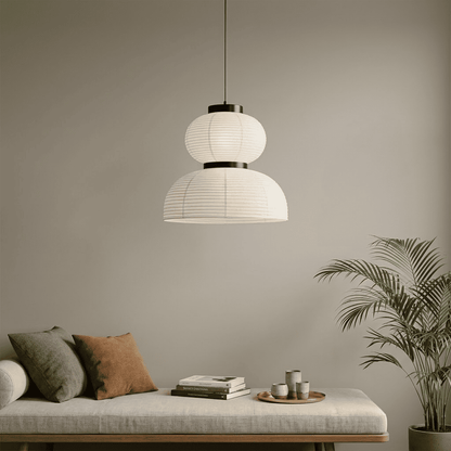 Stuberlighting Washi Paper Lantern Pendant Lamp, Tiered Zen Shape with Black Oak Rings, Japandi Style