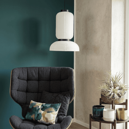 Stuberlighting Washi Paper Lantern Pendant Lamp, Tiered Zen Shape with Black Oak Rings, Japandi Style