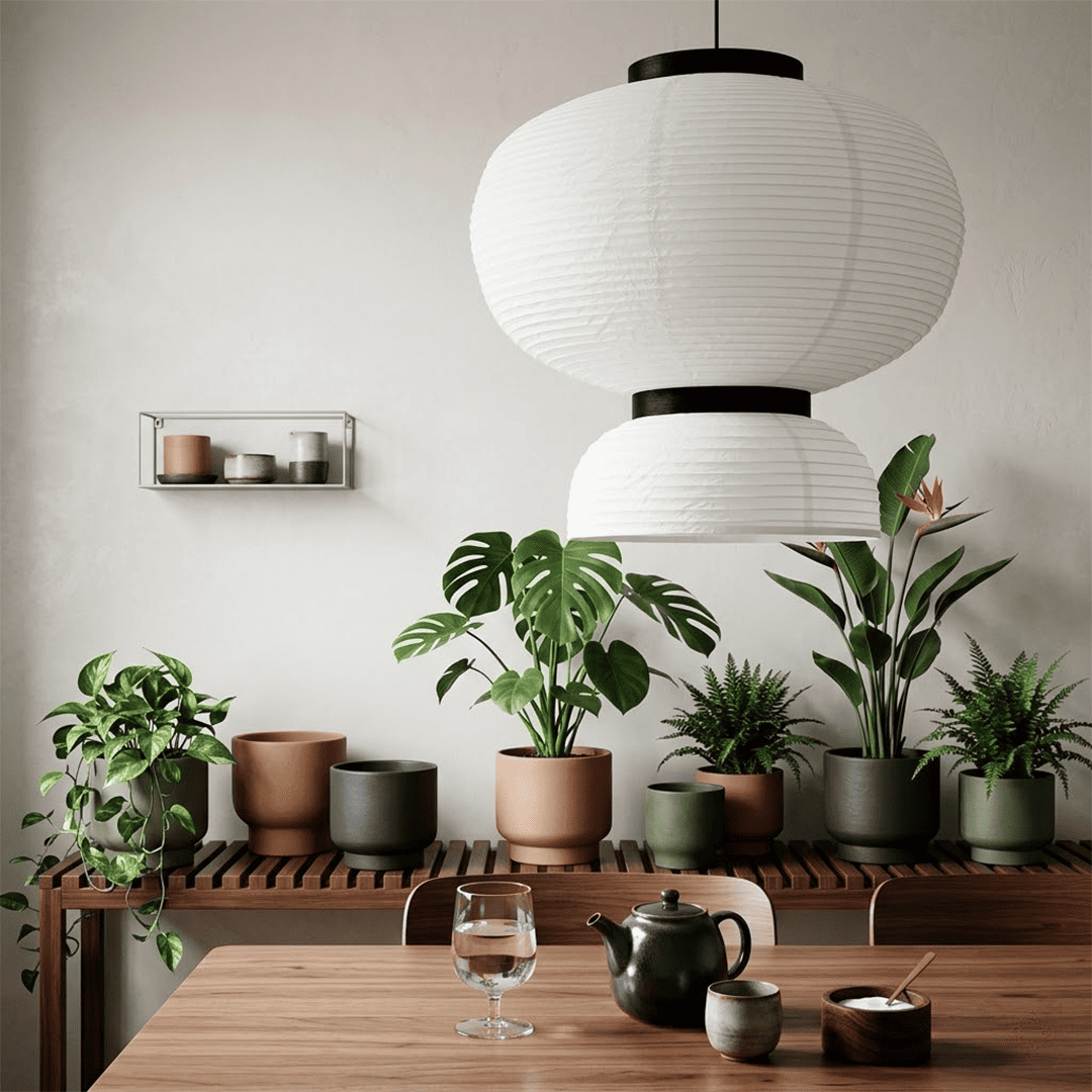 Stuberlighting Washi Paper Lantern Pendant Lamp, Tiered Zen Shape with Black Oak Rings, Japandi Style