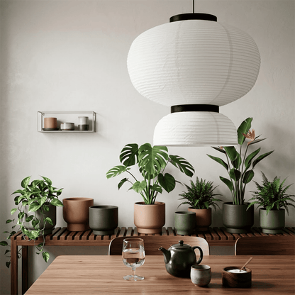 Stuberlighting Washi Paper Lantern Pendant Lamp, Tiered Zen Shape with Black Oak Rings, Japandi Style