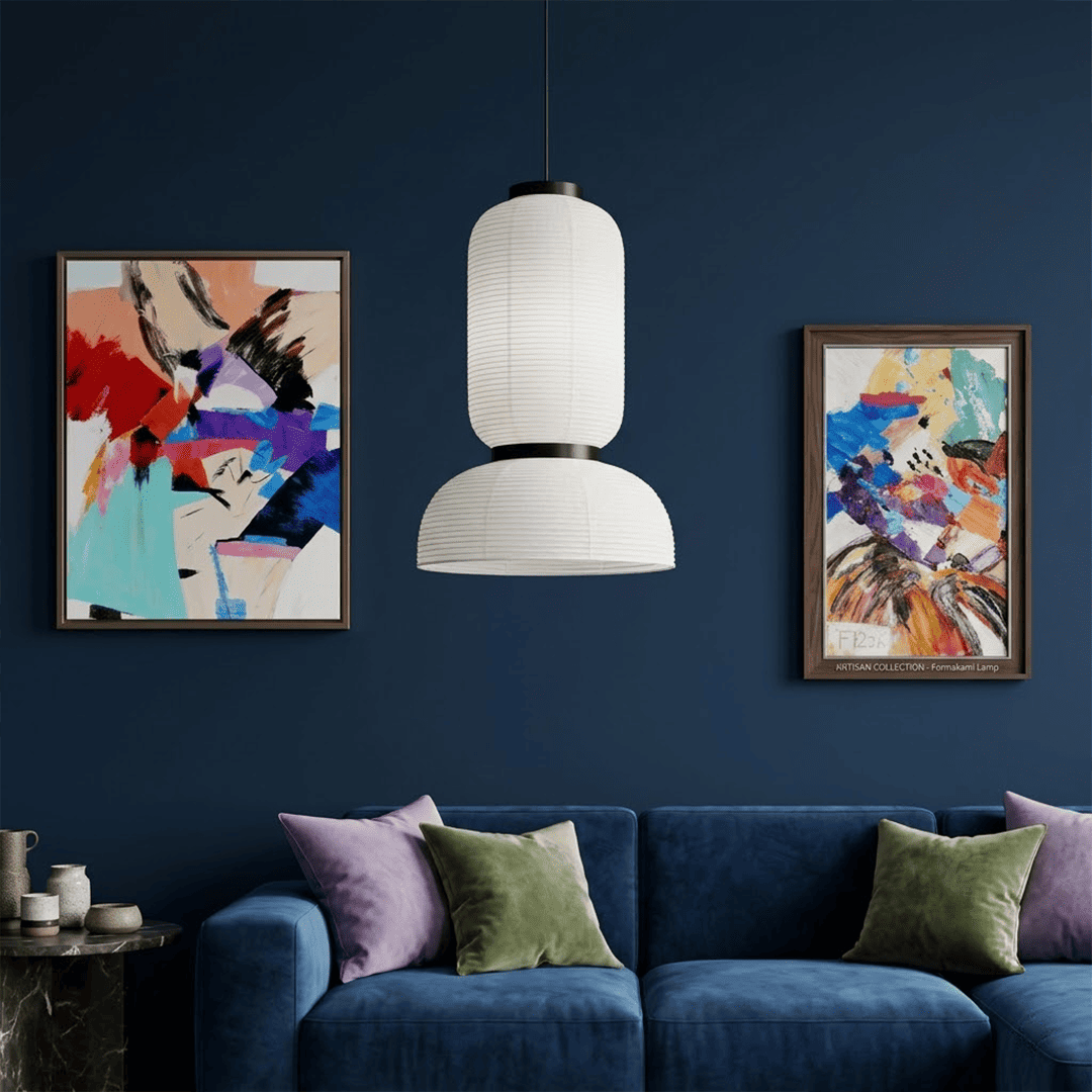 Stuberlighting Washi Paper Lantern Pendant Lamp, Tiered Zen Shape with Black Oak Rings, Japandi Style