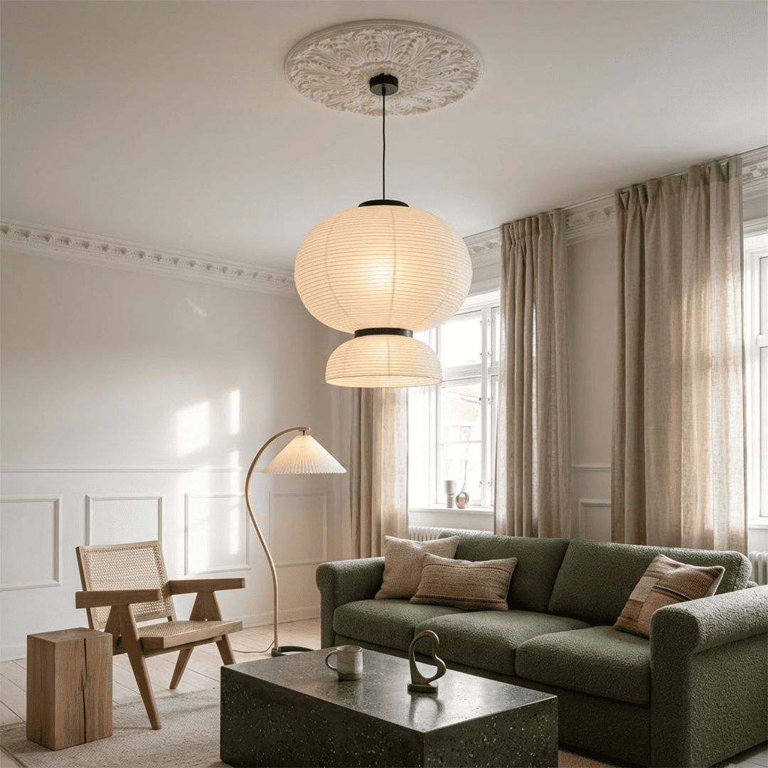 Stuberlighting Washi Paper Lantern Pendant Lamp, Tiered Zen Shape with Black Oak Rings, Japandi Style