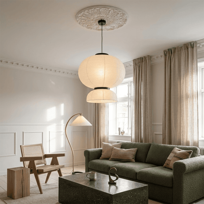 Stuberlighting Washi Paper Lantern Pendant Lamp, Tiered Zen Shape with Black Oak Rings, Japandi Style