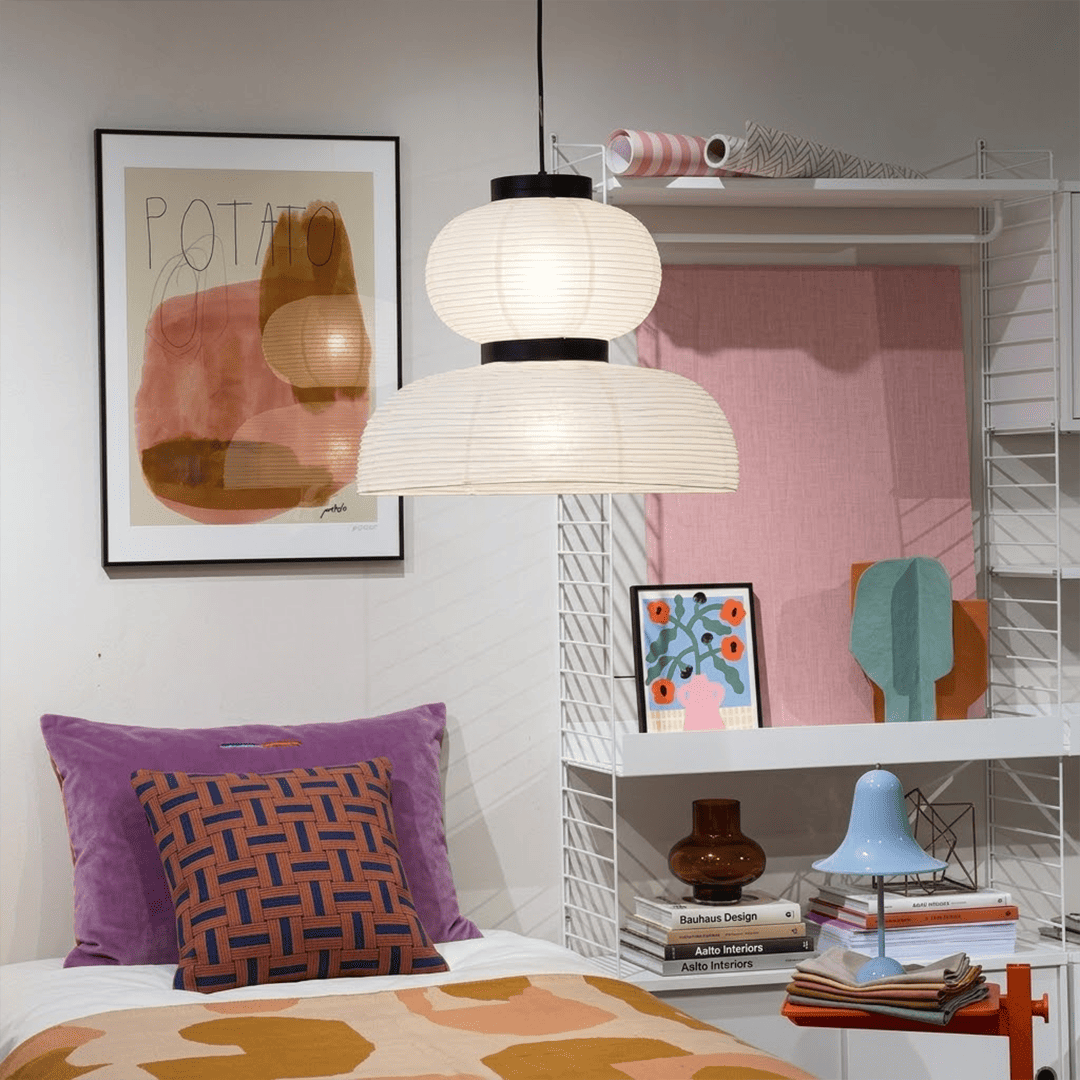Stuberlighting Washi Paper Lantern Pendant Lamp, Tiered Zen Shape with Black Oak Rings, Japandi Style