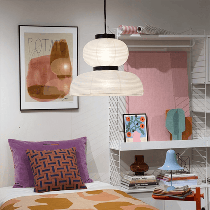 Stuberlighting Washi Paper Lantern Pendant Lamp, Tiered Zen Shape with Black Oak Rings, Japandi Style