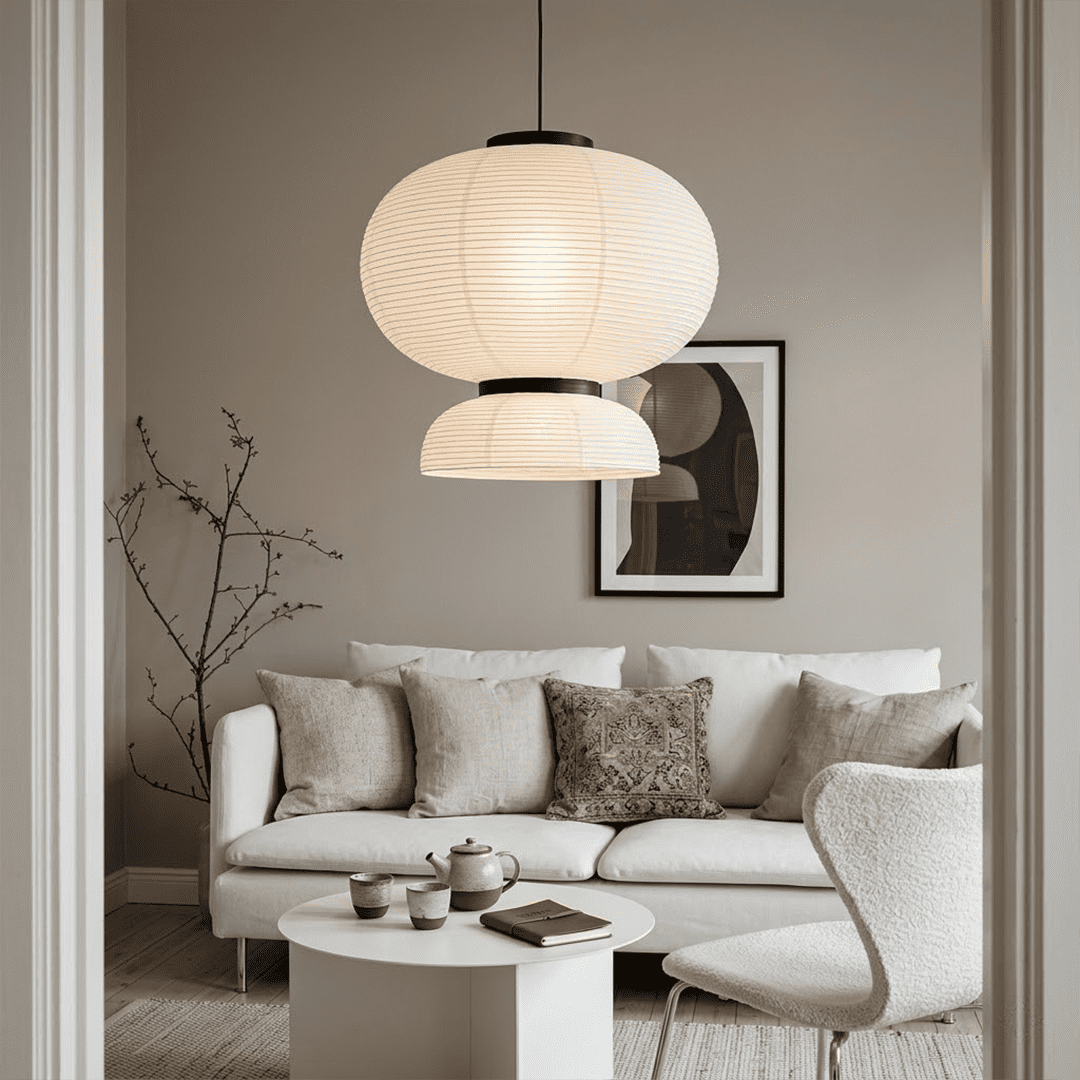 Stuberlighting Washi Paper Lantern Pendant Lamp, Tiered Zen Shape with Black Oak Rings, Japandi Style
