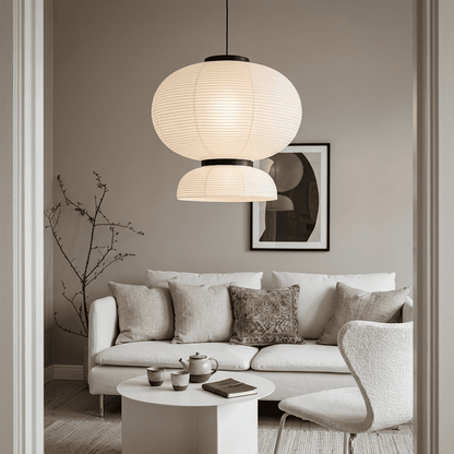 Stuberlighting Washi Paper Lantern Pendant Lamp, Tiered Zen Shape with Black Oak Rings, Japandi Style