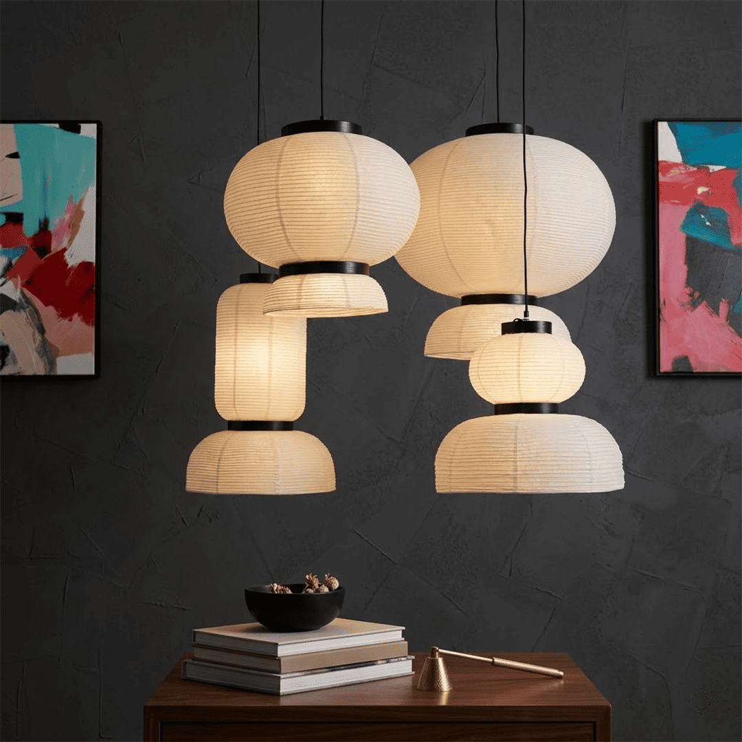 Stuberlighting Washi Paper Lantern Pendant Lamp, Tiered Zen Shape with Black Oak Rings, Japandi Style