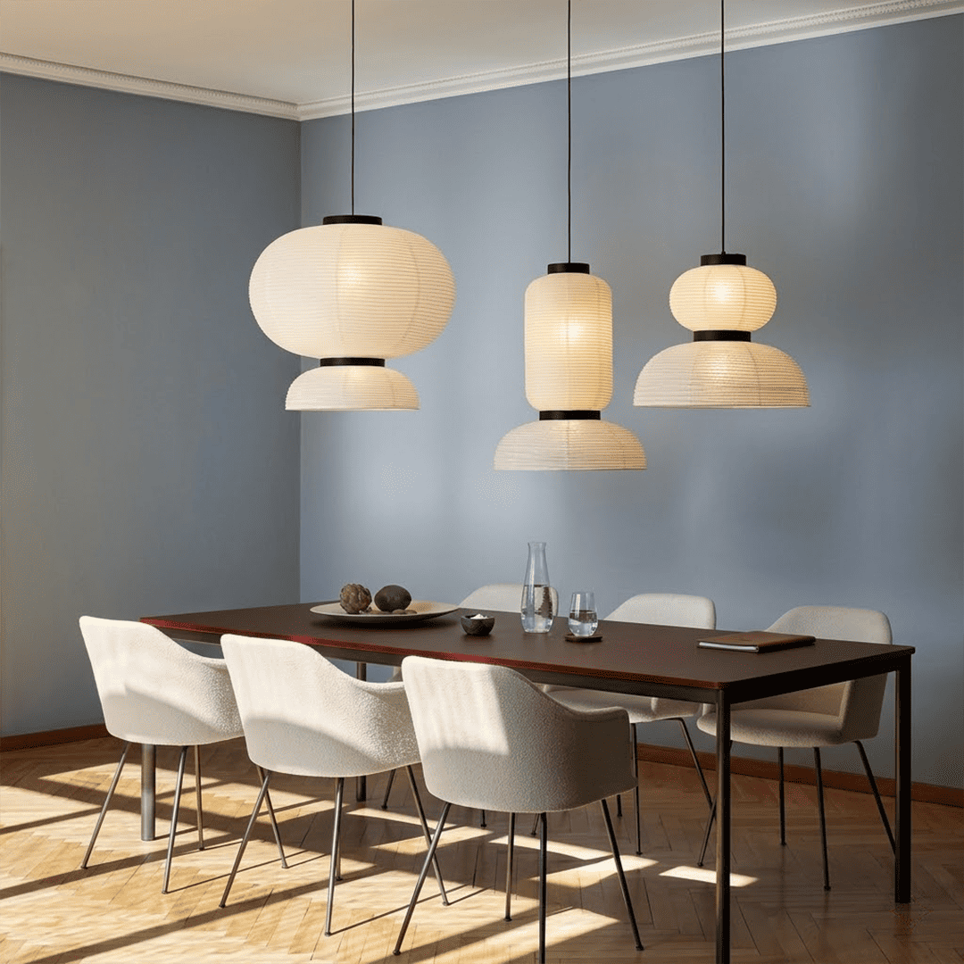 Stuberlighting Washi Paper Lantern Pendant Lamp, Tiered Zen Shape with Black Oak Rings, Japandi Style