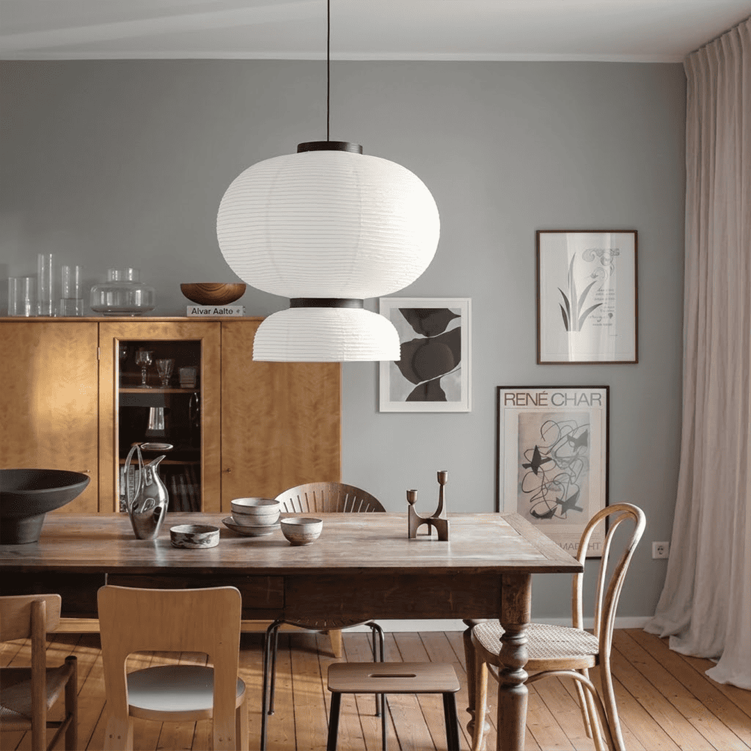 Stuberlighting Washi Paper Lantern Pendant Lamp, Tiered Zen Shape with Black Oak Rings, Japandi Style