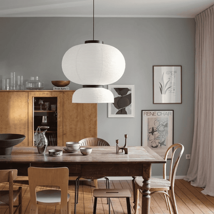 Stuberlighting Washi Paper Lantern Pendant Lamp, Tiered Zen Shape with Black Oak Rings, Japandi Style