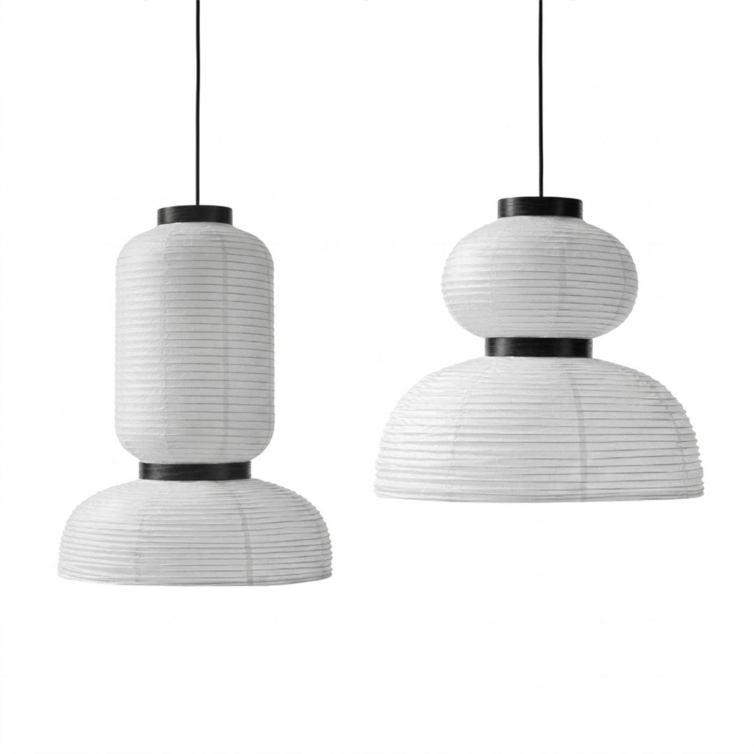 Stuberlighting Washi Paper Lantern Pendant Lamp, Tiered Zen Shape with Black Oak Rings, Japandi Style