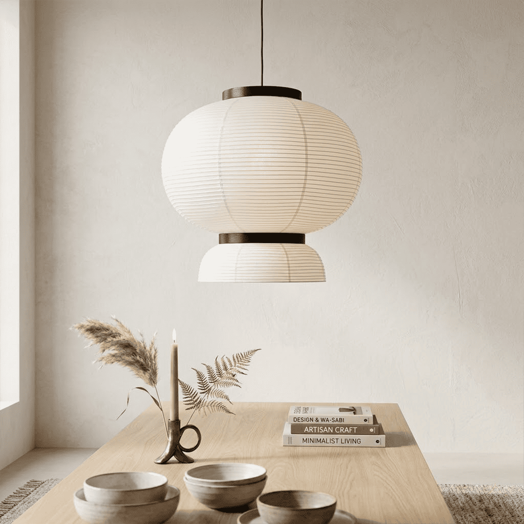 Stuberlighting Washi Paper Lantern Pendant Lamp, Tiered Zen Shape with Black Oak Rings, Japandi Style