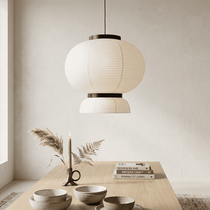 Stuberlighting Washi Paper Lantern Pendant Lamp, Tiered Zen Shape with Black Oak Rings, Japandi Style