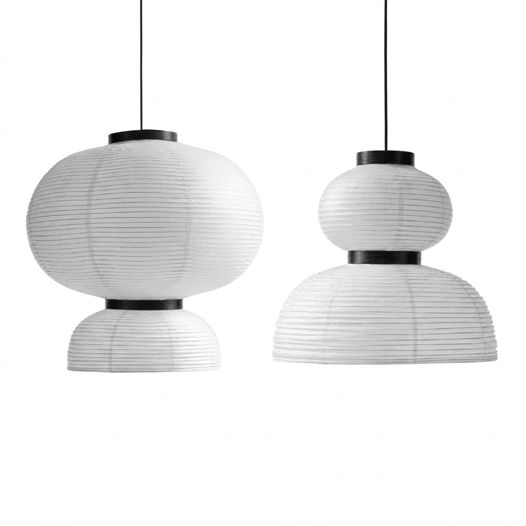 Stuberlighting Washi Paper Lantern Pendant Lamp, Tiered Zen Shape with Black Oak Rings, Japandi Style