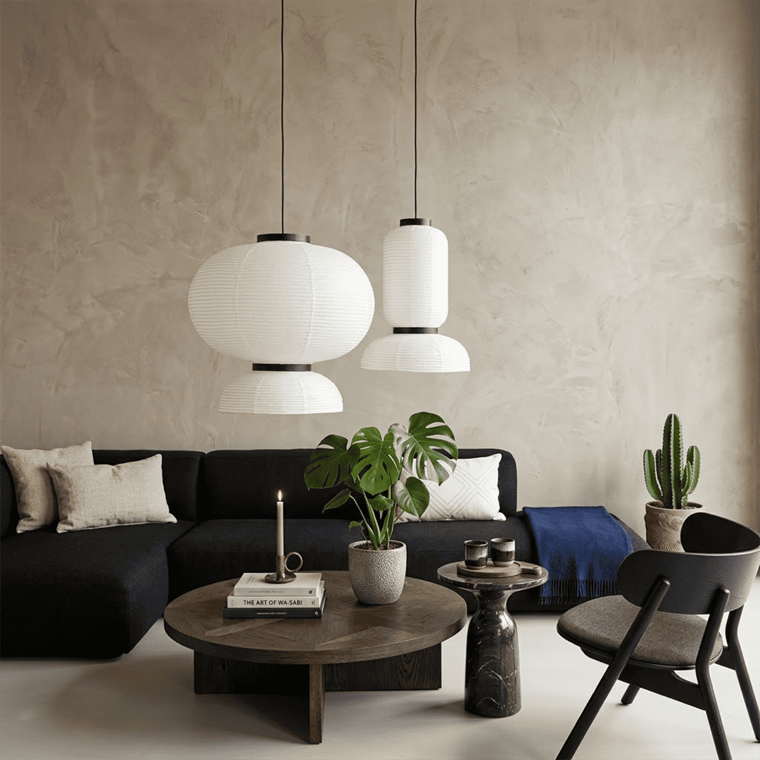 Stuberlighting Washi Paper Lantern Pendant Lamp, Tiered Zen Shape with Black Oak Rings, Japandi Style