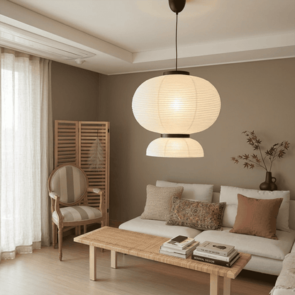 Stuberlighting Washi Paper Lantern Pendant Lamp, Tiered Zen Shape with Black Oak Rings, Japandi Style