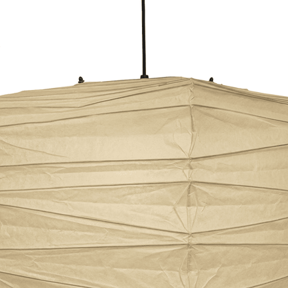 A handcrafted, square Washi paper pendant lamp (Model 33X)—suspended within a room—exudes an innate artistic flair, showcasing the distinctive texture and grain of mulberry bark paper.