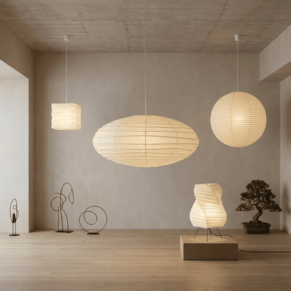 A handcrafted, square Washi paper pendant lamp (Model 33X)—suspended within a room—exudes an innate artistic flair, showcasing the distinctive texture and grain of mulberry bark paper.