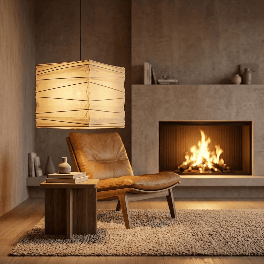 A handcrafted, square Washi paper pendant lamp (Model 33X)—suspended within a room—exudes an innate artistic flair, showcasing the distinctive texture and grain of mulberry bark paper.
