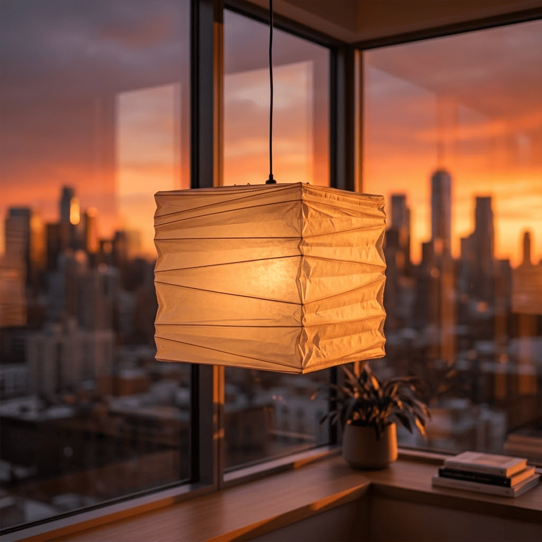 A handcrafted, square Washi paper pendant lamp (Model 33X)—suspended within a room—exudes an innate artistic flair, showcasing the distinctive texture and grain of mulberry bark paper.